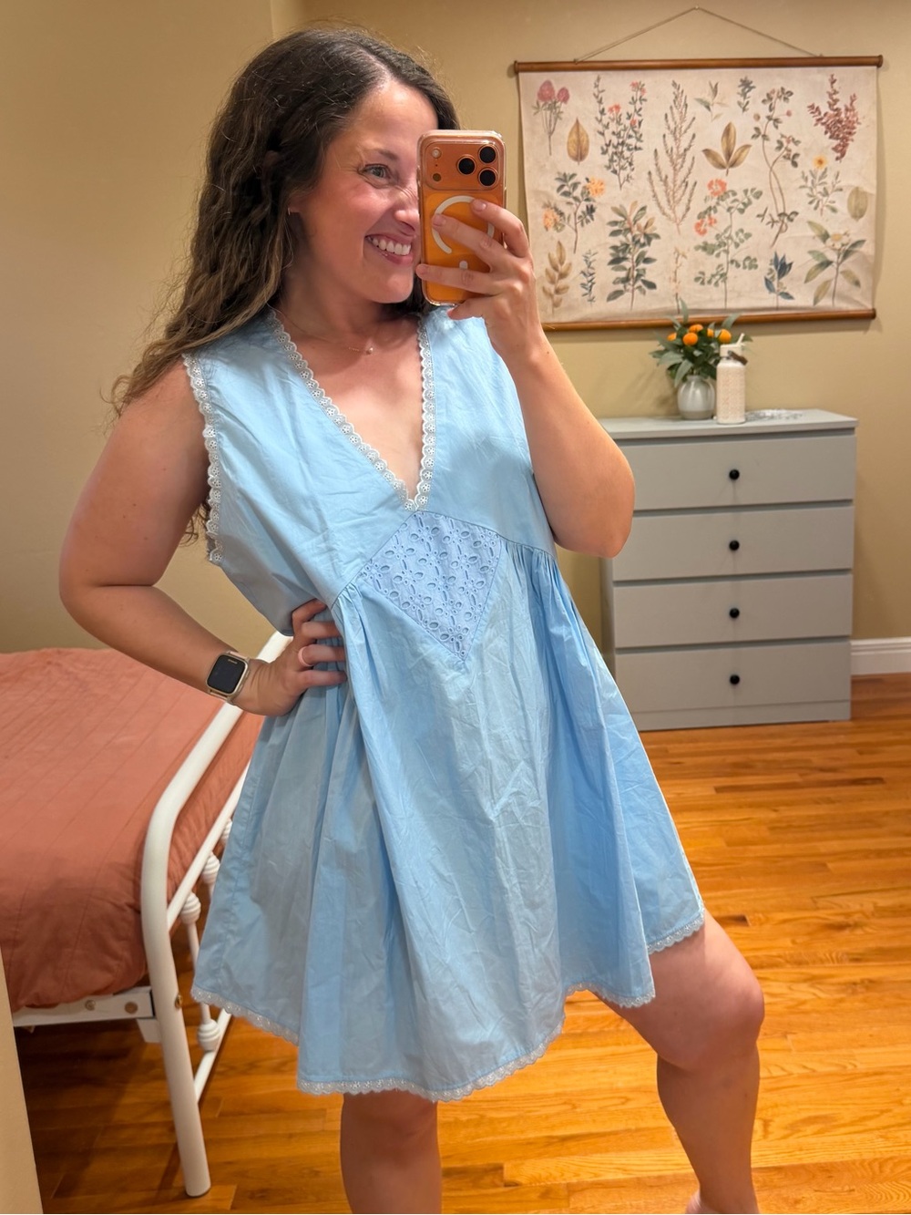 Laneway The Label Light Blue Eyelet V-Neck Babydoll Dress Cotton M/L